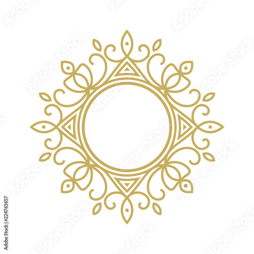 Gold elegant frame. Line art monogram for your design. Vector illustration.