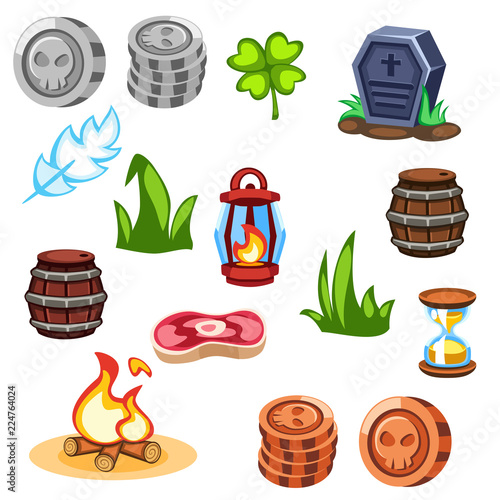 Set of cartoon game items hourglass, food, game, cartoon, meat