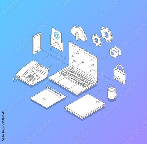 Line vector illustration of office desk for IT solutions. such us computer connection, telephony, internet security. Modern isometric style.