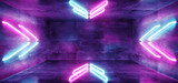 Futuristic Sci-Fi Modern Spaceship Club Party Dark Concrete Room With Arrow Shaped Blue And Purple Glowing Neon Tubes 3D Rendering