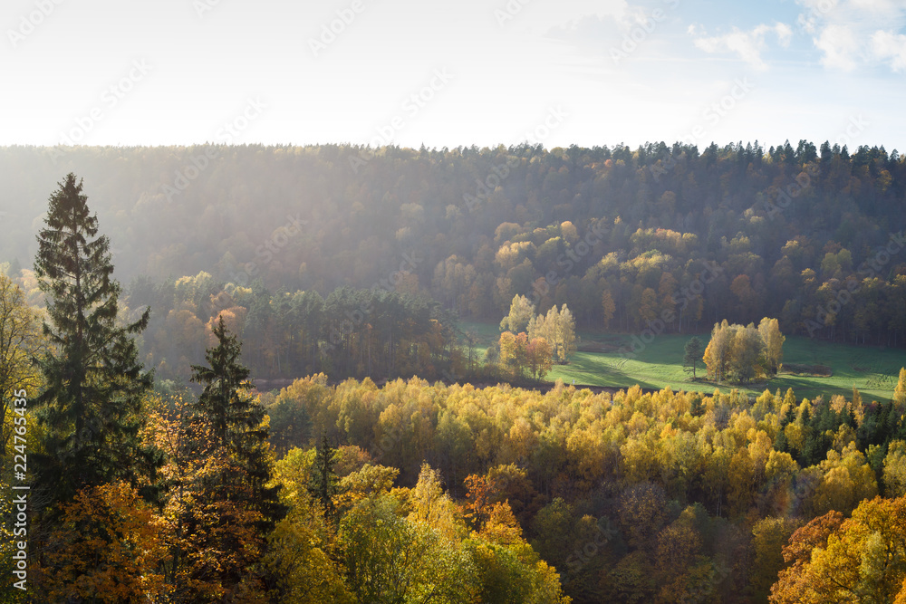 Majestic landscape with autumn forest hills. Sigulda, Latvia, Europe