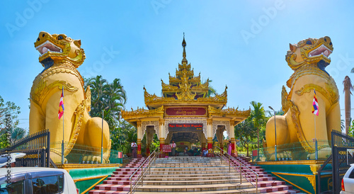Panorama of Ngar Htat Gyi Buddha Temple entrance, Yangon, Myanmar photo