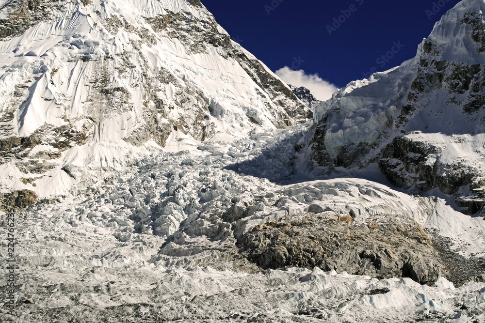 Khumbu Icefall Glacier Landscape Panorama View from Mount Everest Base Camp in Nepal Himalaya Mountains