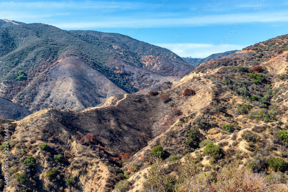 Burned hillsides in California mountains on early autumn morning