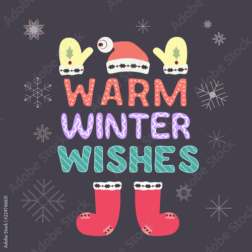 Christmas Holiday decoration. Colorful playful cartoon. Doodle showflake. Fancy festive lettering Winter season wishes. Vector winter seasonal holiday greeting card. New Year eve fun banner background photo