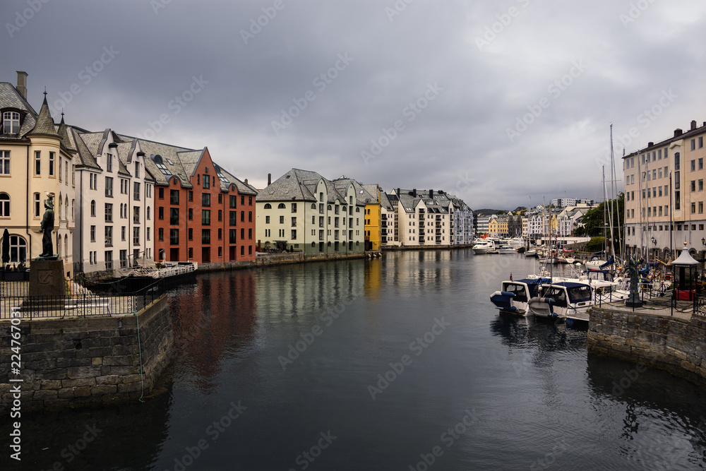 View of Alesund town and port, More og Romsdal , on the west coast of Norway, at the entrance to the Geirangerfjord,  renowned for its beautiful Art Nouveau buildings.