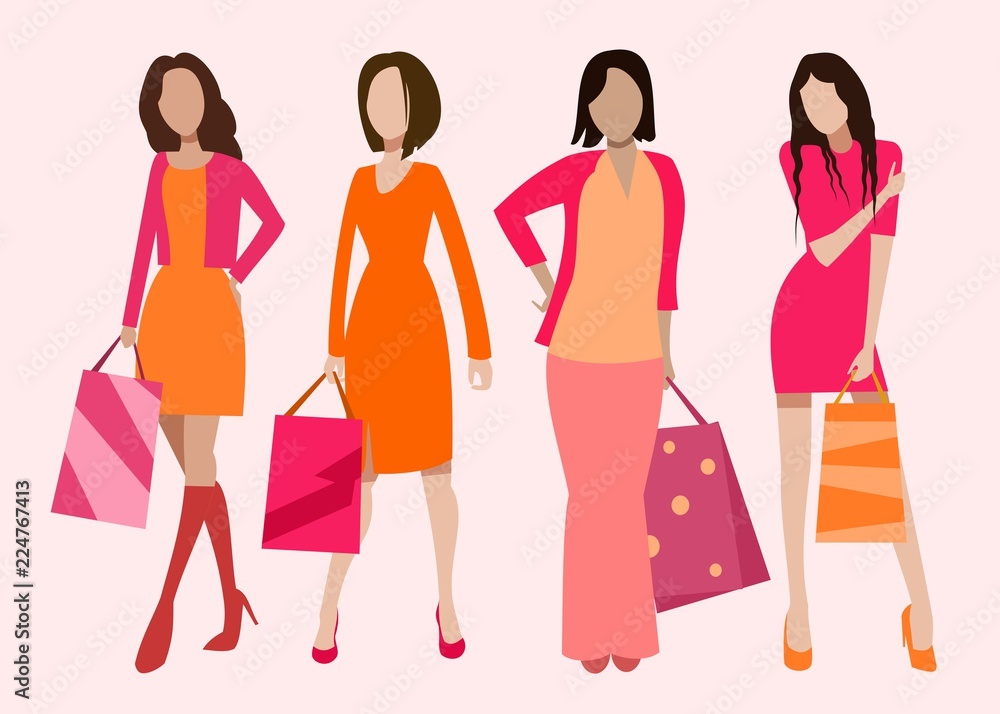 girls, young women standing in various poses with shopping bags in their hands girls, young women standing in various poses with shopping bags in their hands