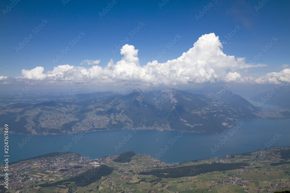 Panorama of Lake Thun and the Bernese Alps from Mount Nisen