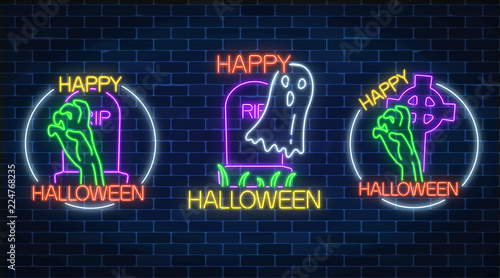 Set of three halloween illustrations in neon style. Bony hand and chost silhouette from grave. Vector illustration