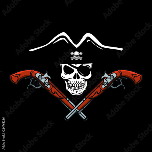 hand drawn vector pirate skull. Pistols, shawls, pirate hat, eye patch, headscarf