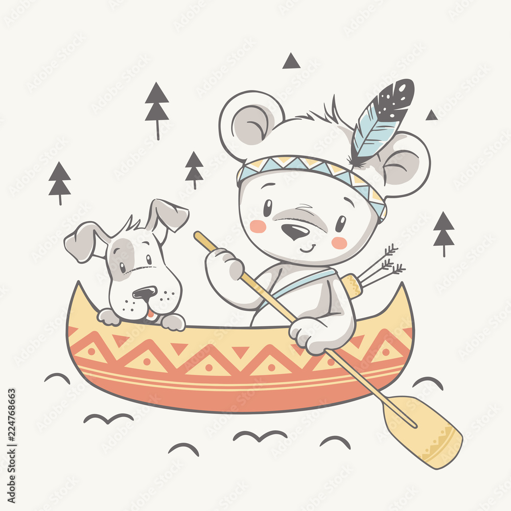 Obraz premium Ilustracja wektorowa ładny pies i niedźwiedź indyjski z wiosłem na kajaku.