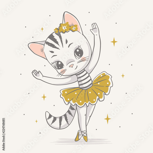 Vector illustration of a cute kitty ballerina in the yellow tutu.