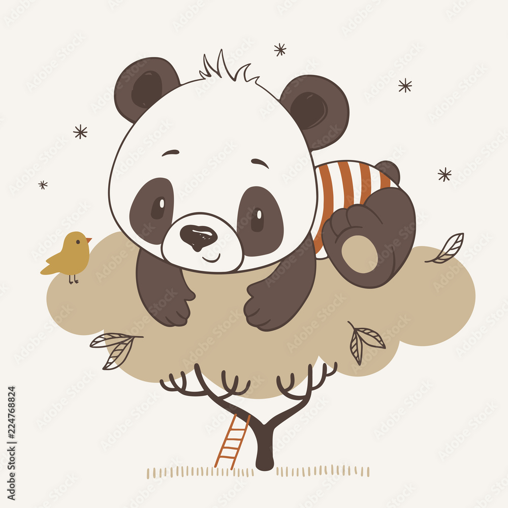Fototapeta Mały miś panda na drzewie - kreskówkowy wzór do pokoju dziecięcego