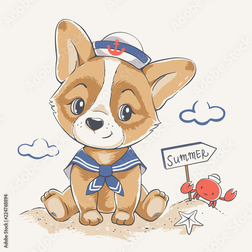 Vector illustration of a cute puppy in sailor costume, seated on the beach.