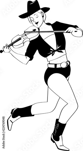 Young cowgirl in western style clothes playing fiddle, EPS 8 vector line illustration, no white objects 