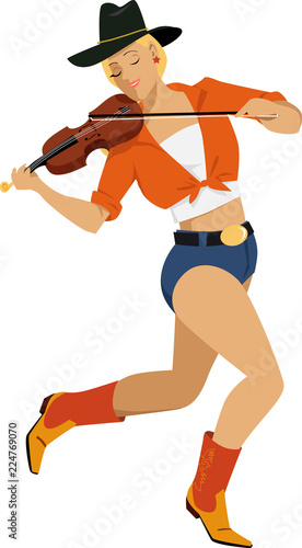 Young cowgirl in western style clothes playing fiddle, EPS 8 vector illustration