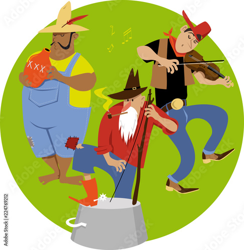 American jug band cartoon with a fiddler and jug and washbasin bass players, EPS 8 vector illustration