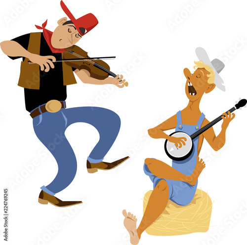 Country western folk musicians characters playing fiddle and banjo, EPS 8 vector cartoon