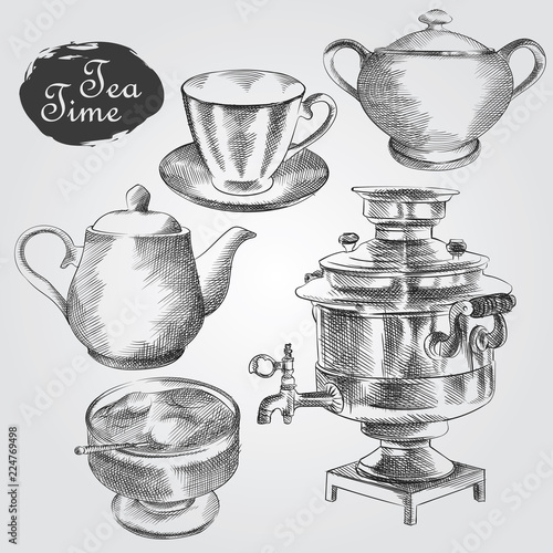Tea time set with Mug, saucer, Sugar bowl, Samovar, Teapot and jam. Hand drawn kitchenware set.