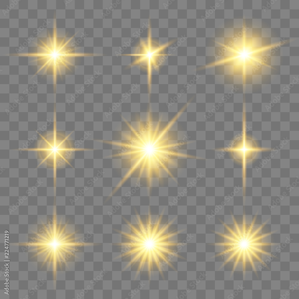 Set of golden glowing star. Vector light effects on the transparent background. Set of golden glowing star. Vector light effects on the transparent background.