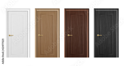 Fototapeta Naklejka Na Ścianę i Meble -  Vector realistic different closed brown wooden door icon set closeup isolated on white background. Elements of architecture. Design template for graphics, Front view