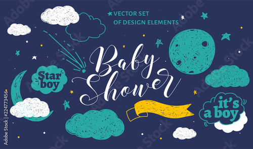 Cute design elements for baby shower invotation and party.