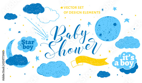 Cute design elements for baby shower invotation and party.