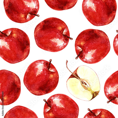 Seamless pattern of apples, watercolor background illustration.