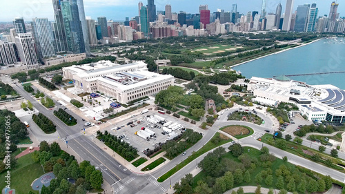 Chicago, Illinois lakefront aerial seen from the shores of Lake Michigan in late summer photo