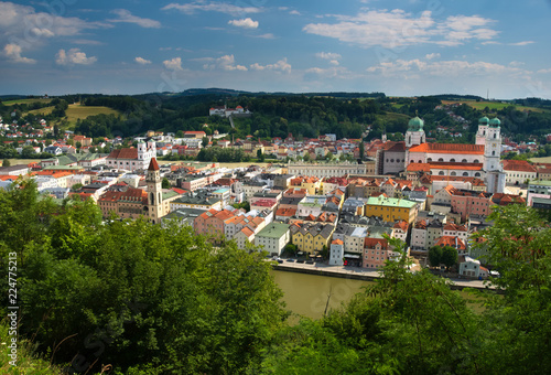 Overlooking city center of Passau. Confluence of rivers Donau and Inn. Dominant landmarks - St. Stephan's Cathedral (Dom St. Stephan) and city town hall (Altes Rathaus)