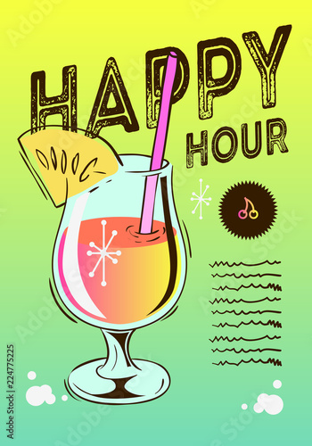 Happy Hour Poster Design With A Cocktail Glass On A Green And Yellow Gradient Background Vector Image.