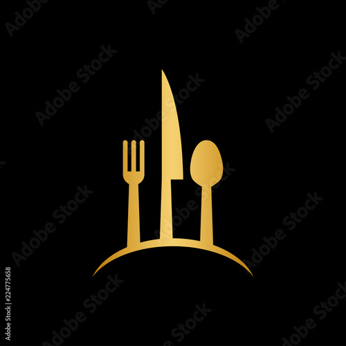 Luxury gold spoon, knife and fork logo icon design template