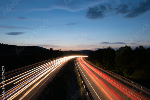 Highway in Barcelona Province in Spain and Light Trails in the Dusk