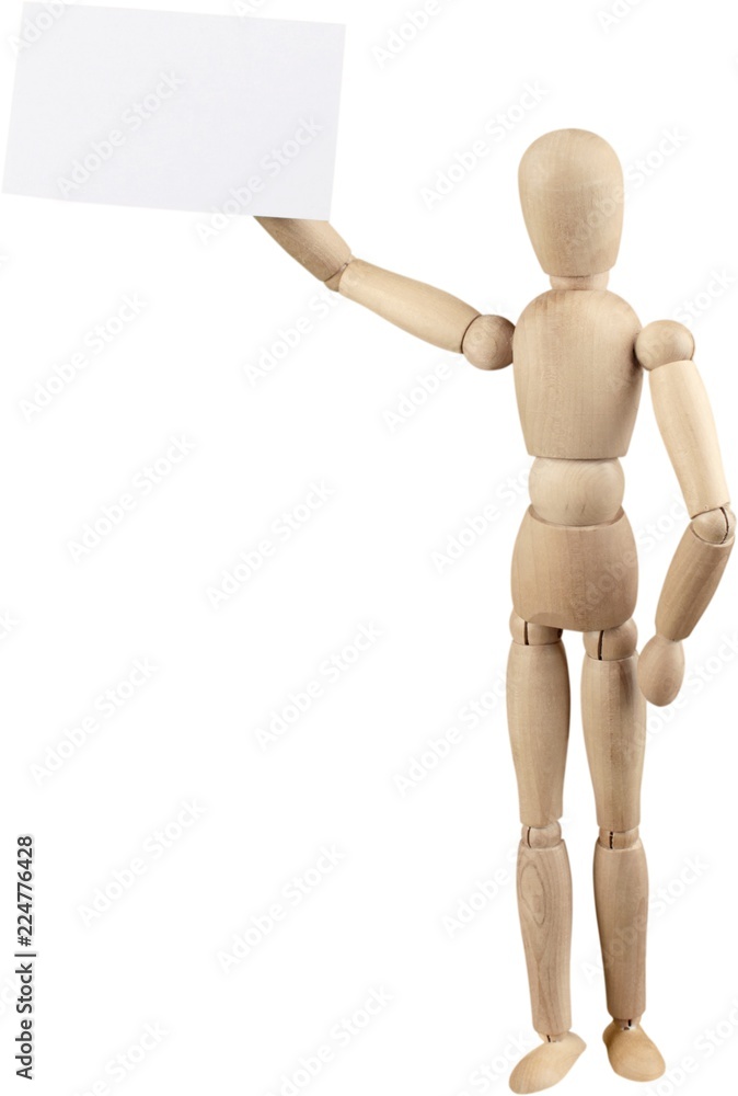 Wooden mannequin holding a blank card Wooden mannequin holding a blank card
