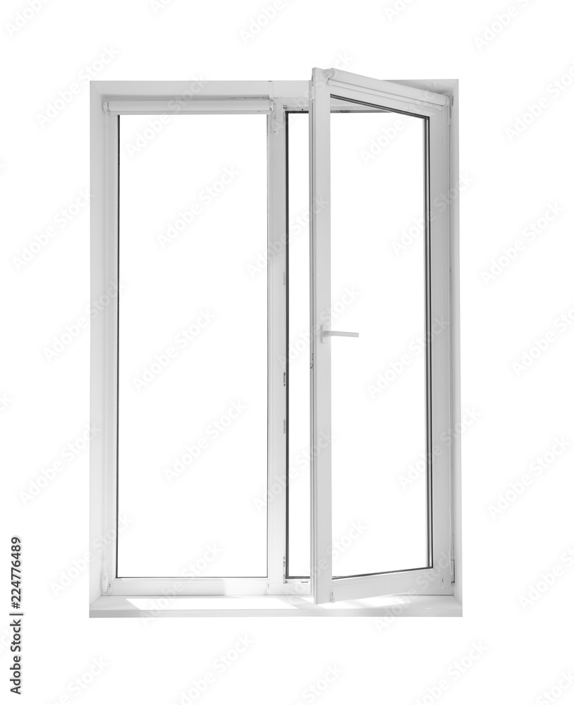 Modern window with open roller blinds on white background Modern window with open roller blinds on white background