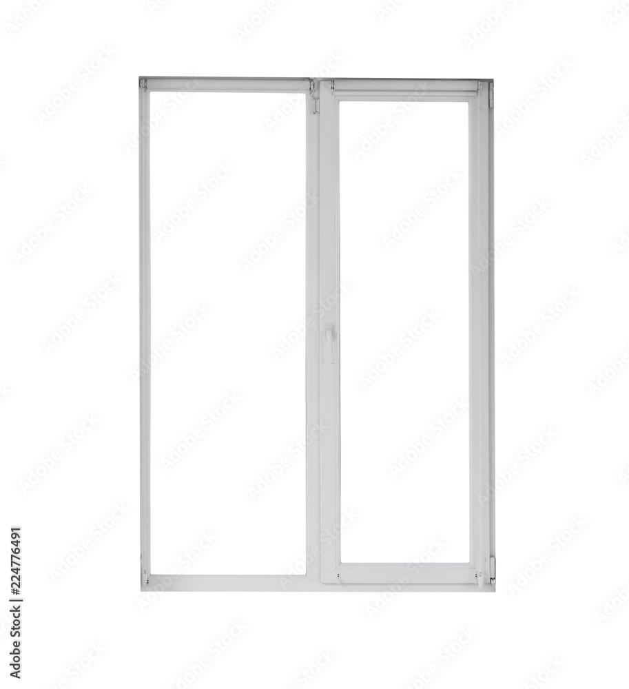 Modern window with open roller blinds on white background Modern window with open roller blinds on white background