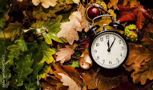 antique clock lie on the background of autumn leaves