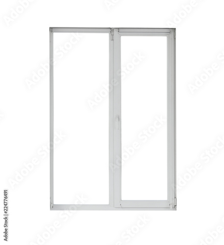 Modern window with open roller blinds on white background
