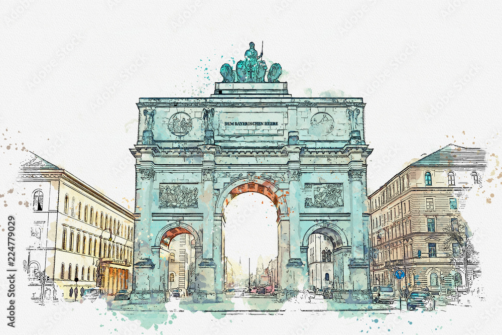 A watercolor sketch or illustration. Victory Gate triumphal arch Siegestor in Munich. Germany. - obrazy, fototapety, plakaty 