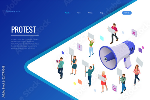 Isometric crowd of people protesters. Male and female protesters or activists. Holding banners and placards. Men and women taking part in political meeting, parade or rally. Vector illustration