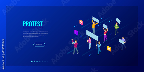 Isometric crowd of people protesters. Male and female protesters or activists. Holding banners and placards. Men and women taking part in political meeting, parade or rally. Vector illustration