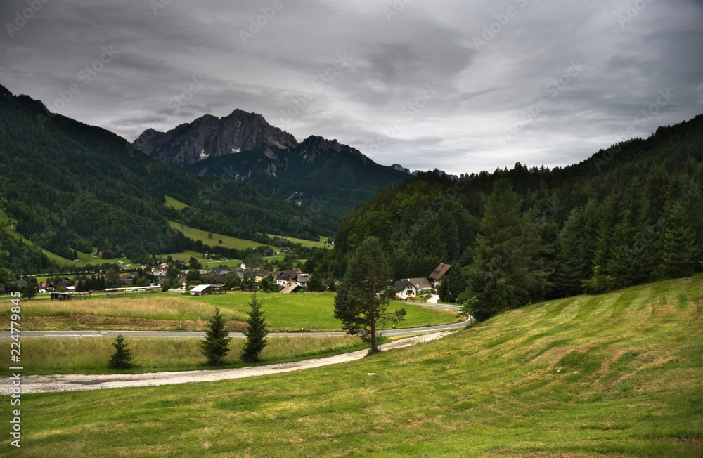 Overlooking village of Podkoren with the Kamnik–Savinja Alps at the back.