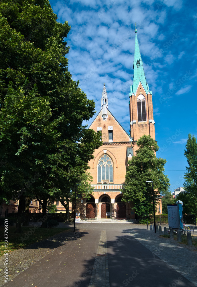 Naklejka premium Front view of Holy Heart of Jesus Church (Cerkev Srca Jezusovega) in Ljubljana