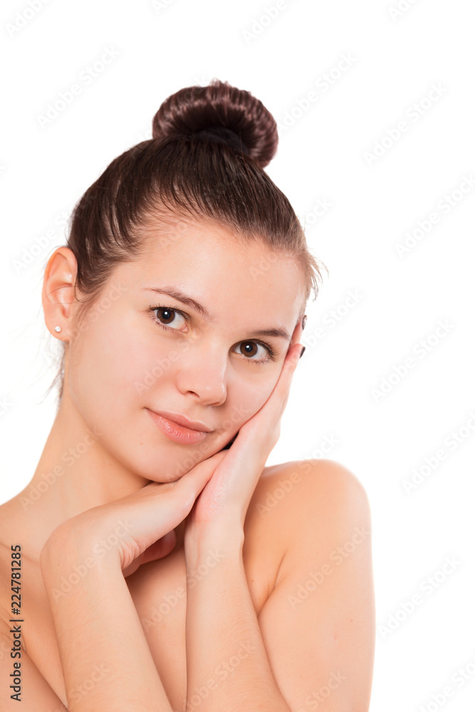Slim young woman with nude make up skin care close Slim young woman with nude make up skin care close