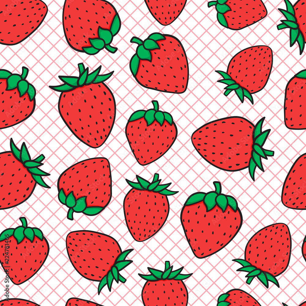 Fashion illustration of a red strawberry seamless pattern. Hand drawing sketch on the grid. Vector illustration background. Fashion illustration of a red strawberry seamless pattern. Hand drawing sketch on the grid. Vector illustration background.