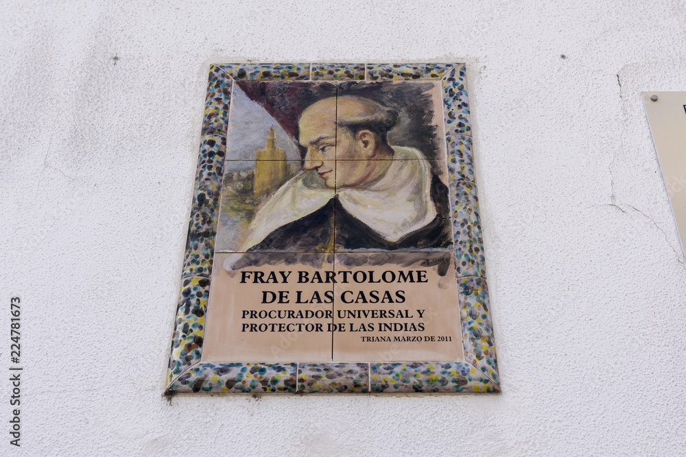 Fototapeta premium plaque in homage to Fray Bartolome de las Casas, defender of the Indians, in Seville, Andalusia. Spain