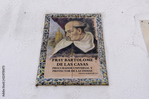 plaque in homage to Fray Bartolome de las Casas, defender of the Indians, in Seville, Andalusia. Spain