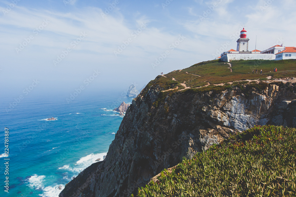 Foto de Beautiful aerial vibrant view of Capo Da Roca, the most western  point of Europe, Portuguese municipality of Sintra, near Azoia, district of  Lisbon, Serra de Sintra, Portugal do Stock