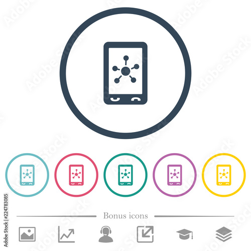 Mobile social networking flat color icons in round outlines