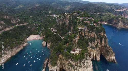 Stunning aerial shot of costa brava rocky coastline and luxury villas. Costa Brava, Tossa de Mar, Cala Pola, Europe, Spain, Catalonia